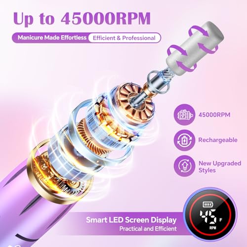 ORFASTAR Pink Nail Drill Pro 45000 RPM Wireless Electric Nail File Kit with 11 Bits & Sanding Bands