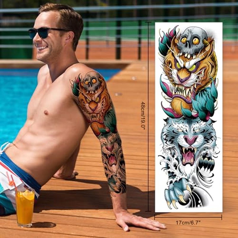 Full Arm Black Temporary Tattoo Sleeve for Men 8 Sheets, Scary Fake Tattoos That Look Real, Tigers for BBQ Pool Beach Party