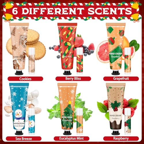 12-Pack Christmas Hand Cream & Lip Balm Gift Set for Women - Festive Scents & Packaging
