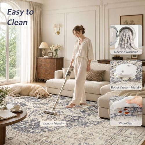 9x12 Machine Washable Area Rug - Soft Cream and Blue Vintage Medallion Style