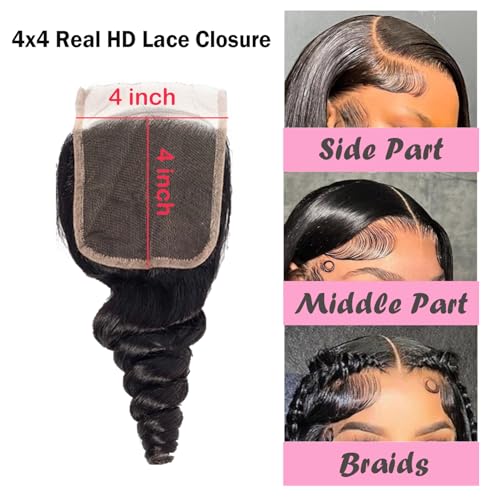 4x4 Transparent HD Lace Closure Loose Wave Human Hair Closure 10 Inch Invisible Ultra-thin 4x4 Lace Closure Brazilian Raw Virgin Human Hair Pre Plucked Natural Black