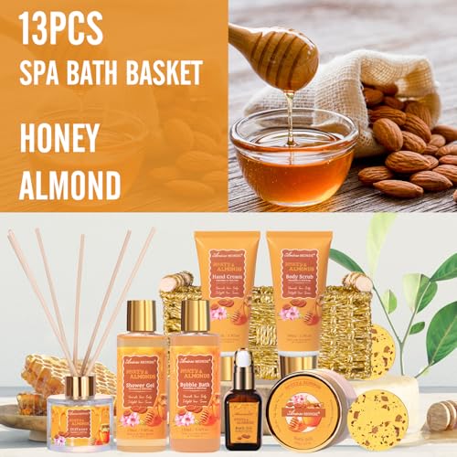 Honey Almond Bath & Body Gift Set for Women - 13pcs Spa & Self-Care Gift Basket