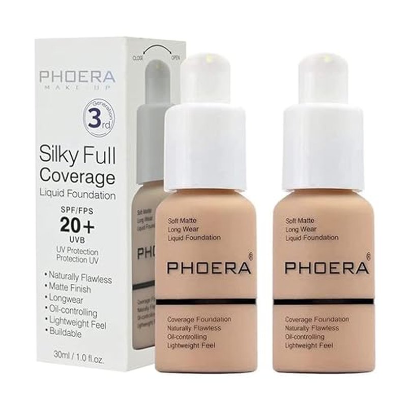 BestLand 2Pack PHOERA Foundation Full Coverage Liquid Foundation Cream - Long-lasting Lightweight Concealer - Oil-Free Formula - Natural Shade - Suitable for All Skin Types (2 Pack Nude #102)