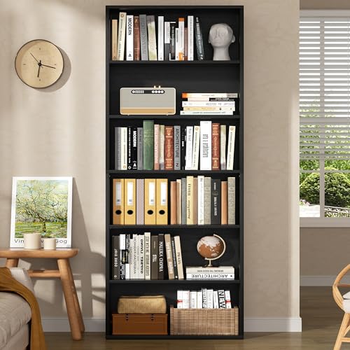 Black 6-Tier Open Bookcase - Modern Industrial Floor Standing Shelving