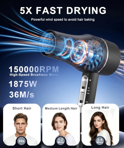 Flashbase Black Professional Ionic Hair Dryer 1875W with Diffuser