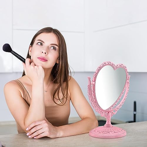 Pink Heart Vanity Mirror - Double Sided 360 Degree Swivel - Aesthetic Makeup Cosmetic Mirror for Table Desk Countertop Dresser Coquette Bathroom Bedroom Decor