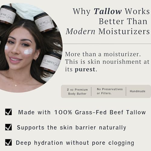 Clarity Glow Grass Fed Beef Tallow Moisturizer for Face & Body ? Whipped Tallow Body Butter for Dry, Sensitive Skin ? Natural Anti Aging Cream ? 2 oz