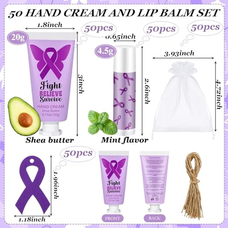 50 Set Purple Ribbon Awareness Gifts Bulk Woman Purple Ribbon 50 Lip Balm 50 Hand Cream 50 Bag 50 Tag for Domestic Violence Awareness Lupus Epilepsy Pancreatic Cancer Party