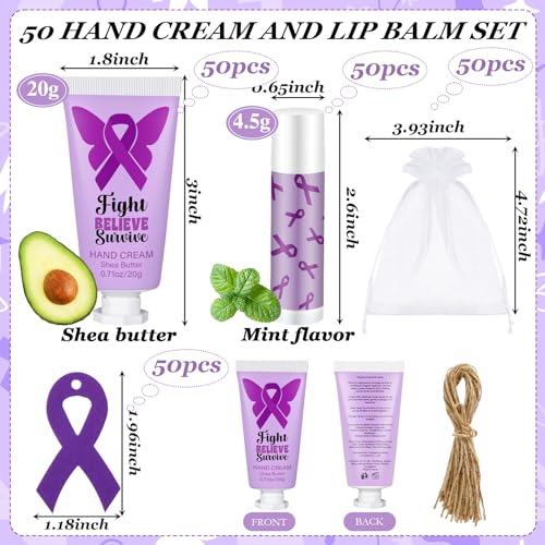 50 Set Purple Ribbon Awareness Gifts Bulk Woman Purple Ribbon 50 Lip Balm 50 Hand Cream 50 Bag 50 Tag for Domestic Violence Awareness Lupus Epilepsy Pancreatic Cancer Party