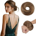 Human Hair Messy Bun Hairpiece with Highlighted Dark Brown and Honey Blonde Variation 4RP27 / L