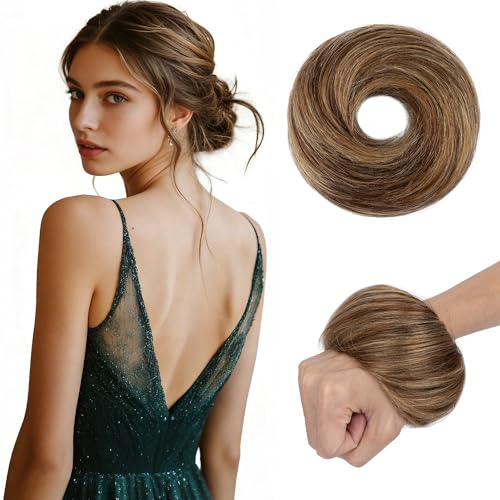 Human Hair Messy Bun Hairpiece with Highlighted Dark Brown and Honey Blonde Variation 4RP27 / L