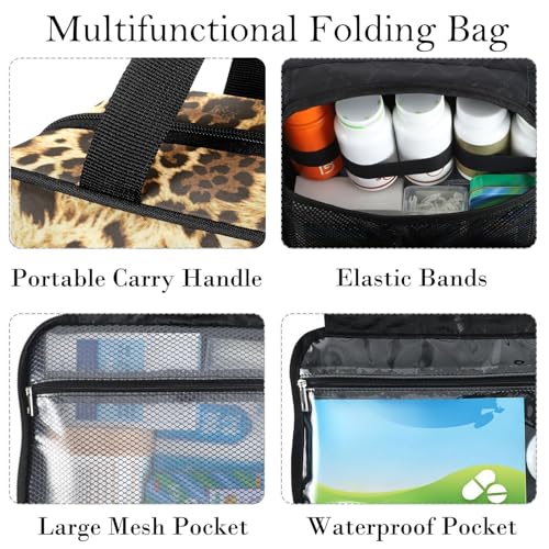 Large Travel Toiletry Bag for Women and Men - Leopard Skin Pattern Hanging Organizer with Pockets, Foldable Cosmetic & Makeup Storage Case