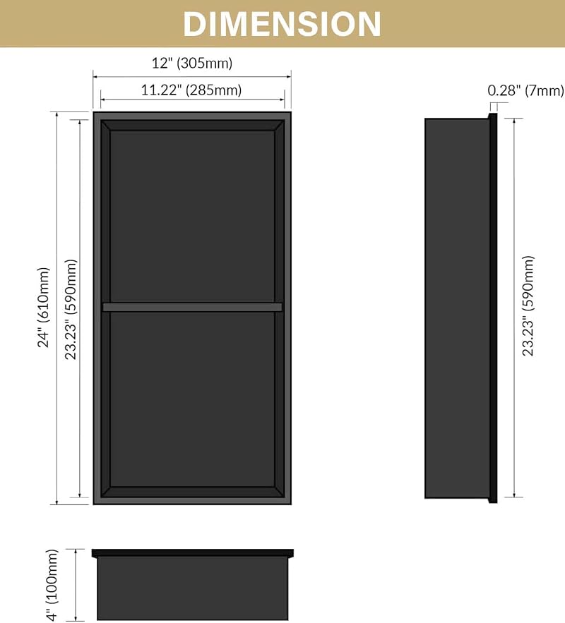 Matte Black 24X12 Stainless Steel Shower Niche - 2-Tier Wall Shelf (Matte Black 12W X 24H) - No Tile