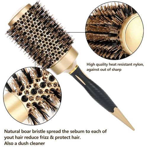 Aozzy 4pc Gold Black Handle Boar Bristle Round Hair Brush Set for Blowouts & Styling