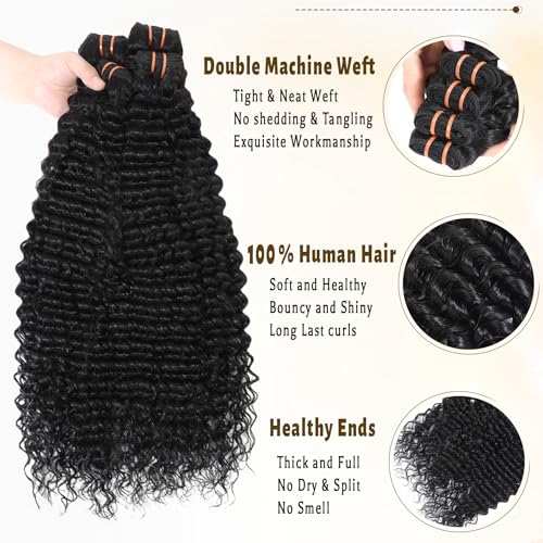 Deep Wave Human Hair Bundles - 20 Inch Wavy Curly Hair Extensions, Natural Black, Silky Soft, Long-Lasting, Full Density
