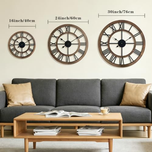 Brown 24-Inch Rustic Wooden Wall Clock with Roman Numerals - Farmhouse Decor