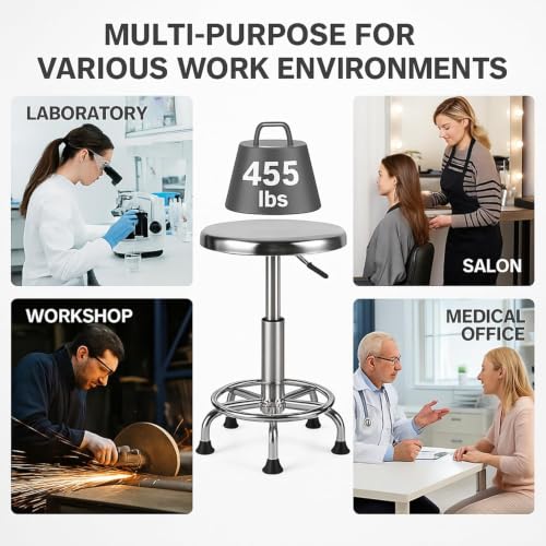 Adjustable Stainless Steel Work Stool - Ergonomic Round Chair with Footrest, Non-Slip Pads, Silver Foot Nail Model