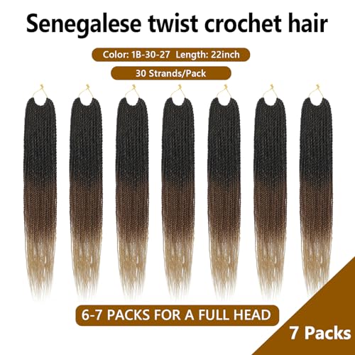 Senegalese Twist Crochet Hair 22 Inch - 9 Packs, Pre-Looped, Natural Look, for Protective Styles - T1B/30/27
