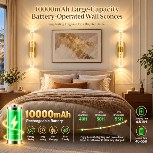 15 Inch Rechargeable Battery Wall Sconces Set of Two - Gold Finish, Dimmable, Color Changing, Wireless, 10000mAh