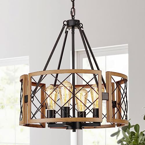 Farmhouse Chandelier Pendant Light Fixture - 4-Light Adjustable Vintage Pendant for Dining & Entryway - Dark Oak & Black