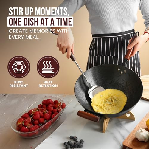 36cm Pre-Seasoned Cast Iron Wok with Wooden Lid & 4 Spatulas - Nonstick Stir-Fry Pan