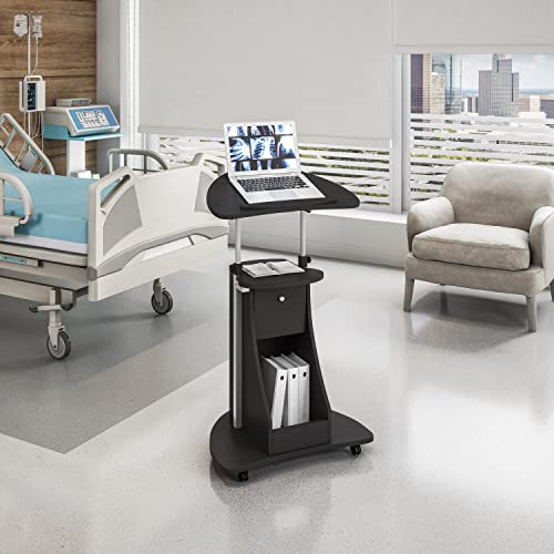 Black Adjustable Height Rolling Laptop Cart with Storage and Tilting Desktop — Techni Mobili