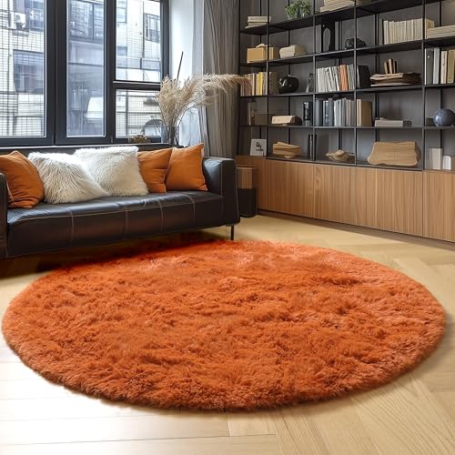Amdrebio Large Burnt Orange Round Rug 8ft - Soft Plush Kid & Living Room Decor