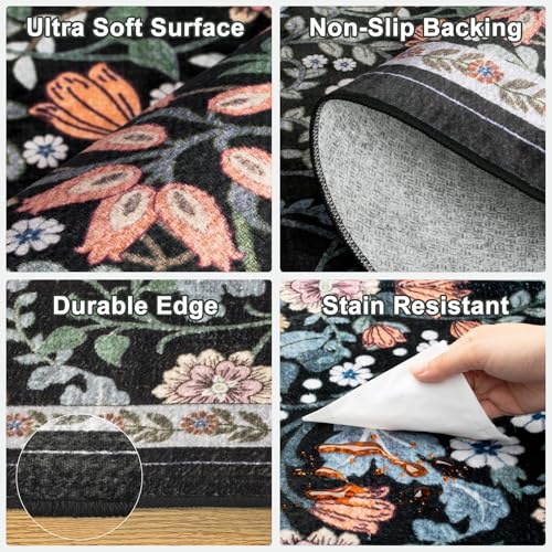 8x10 Floral Area Rug - Dark Black Washable Boho Carpet for Living Room