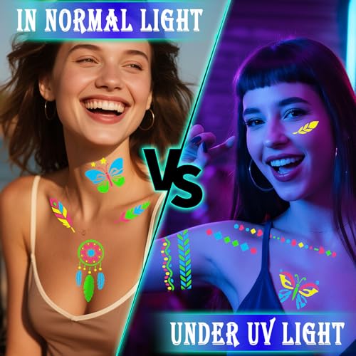 Glow in the Dark Temporary Tattoo Markers for Face Paint, 4PCS UV Neon Body Markers + 8 Sheets Temporary Tattoo Stencil for Adult, Flexible Brush Tip, Cosmetic Tattoo Pen, DIY Body Art Set