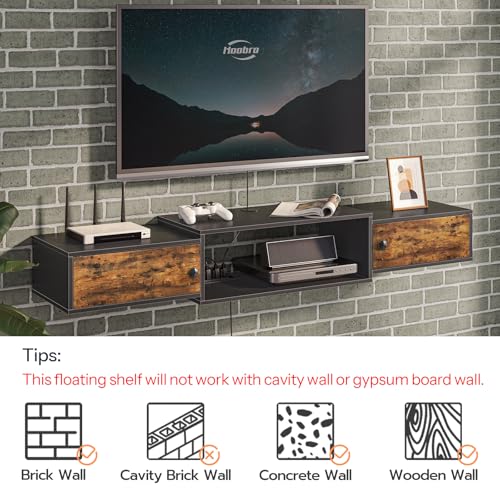 Floating TV Stand with Power Outlet - Rustic Brown & Black Wall-Mounted Media Console Shelf for 32-65 Inch TVs