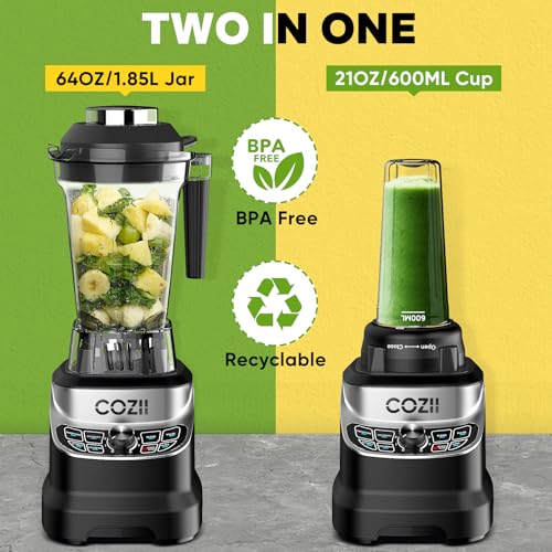 COZII Black 2000W Professional Countertop Blender with 64oz Pitcher & 21oz To-Go Cup