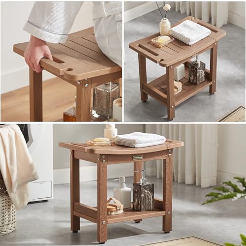 Brown Waterproof Poly Shower Stool with Handles & Adjustable Feet - Heavy Duty Bathroom Bench for Shaving & Seating