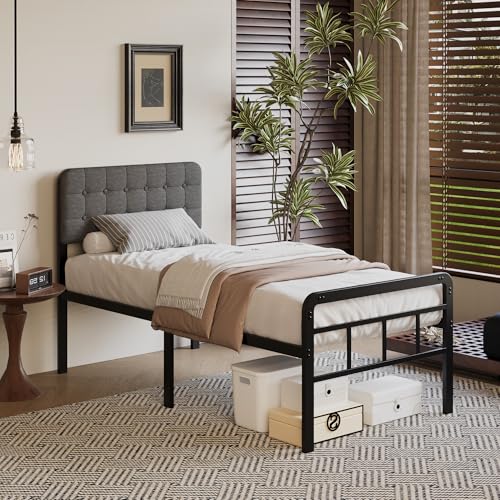 Grey Upholstered Twin Bed Frame with Headboard & Footboard - 18 Inch Support