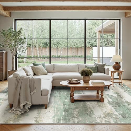 Light Green & Cream 6x9 Abstract Area Rug - Washable Non-Slip Bedroom Decor
