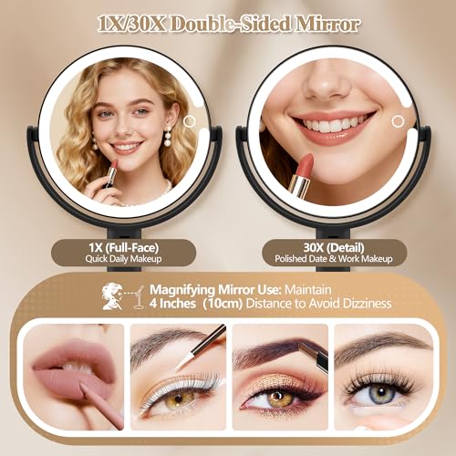 Makeup Mirror with Lights, Double Sided 1x/30x Magnifying Mirror with Light, Rechargeable 3 Color Lights and Adjustable Brightness, 360¡Æ Rotation Detachable Comes with Tweezer(Dark)