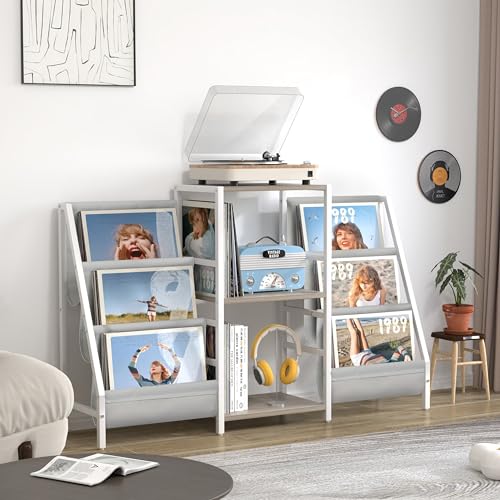 Tewinko Record Player Stand with Vinyl Storage - Two-Side White & Grey