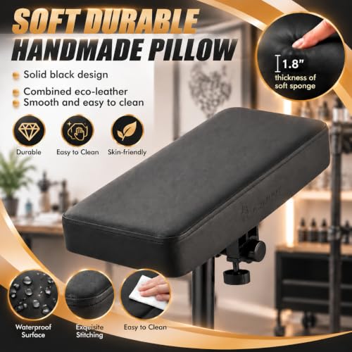 Tattoo Arm Rest Stand Black, Adjustable Height & 180° Tilt for Studio Use