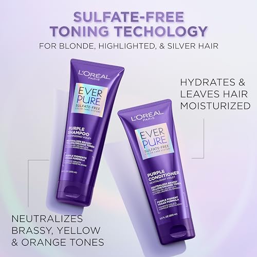 L¡¯Oreal Paris Sulfate Free Brass Toning Purple Conditioner for Blonde, Bleached, Silver, or Brown Highlighted Hair, EverPure, 6.8 Fl Oz (Packaging May Vary)