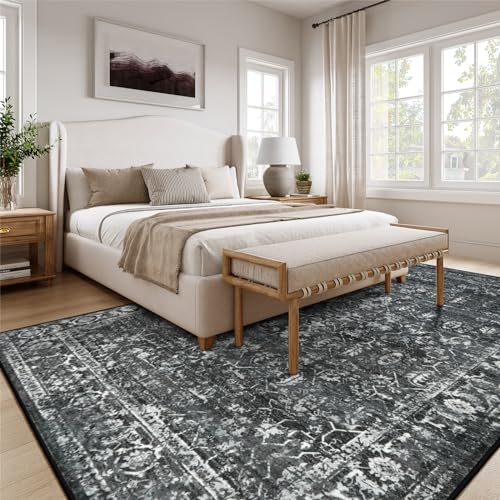 8' x 10' Black and Grey Area Rug - Washable Vintage Distressed Indoor Carpet