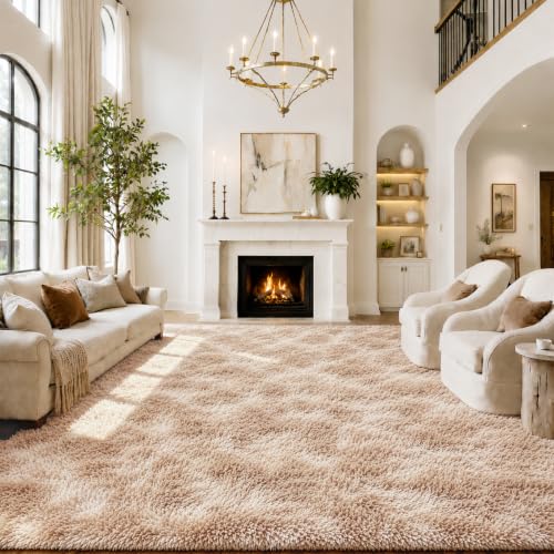 8x10 Dark Beige Tie-Dyed Shag Area Rug for Living Room & Bedroom, Soft Plush Carpet