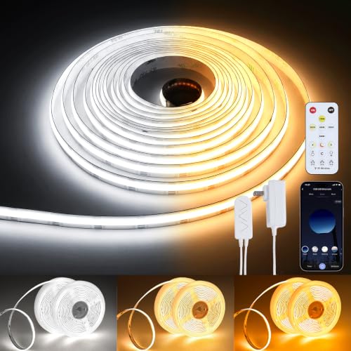 SUNLINKCO COB-CCT Dimmable LED Strip Light 32.8ft, Cuttable, 2300K-6500K, Smart Control