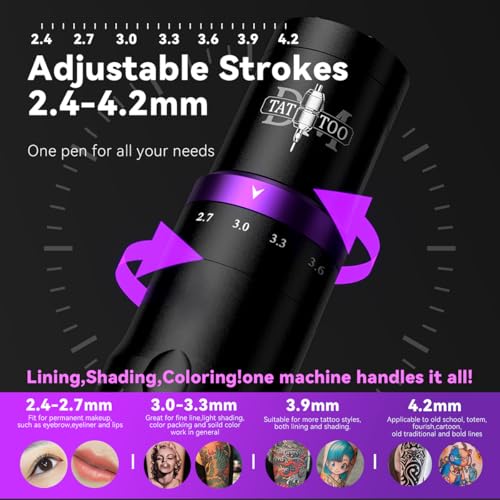 DMTATTOO Wireless Tattoo Pen Machine with Smart Display - Purple, 7 Stroke Lengths