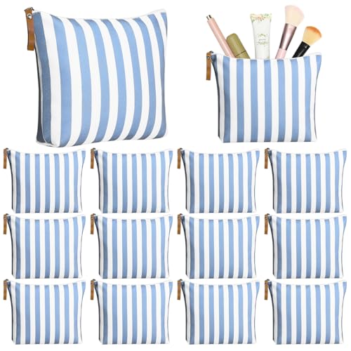 Blue Striped Makeup Bags Bulk Set - 12 Reusable Canvas Cosmetic Organizers