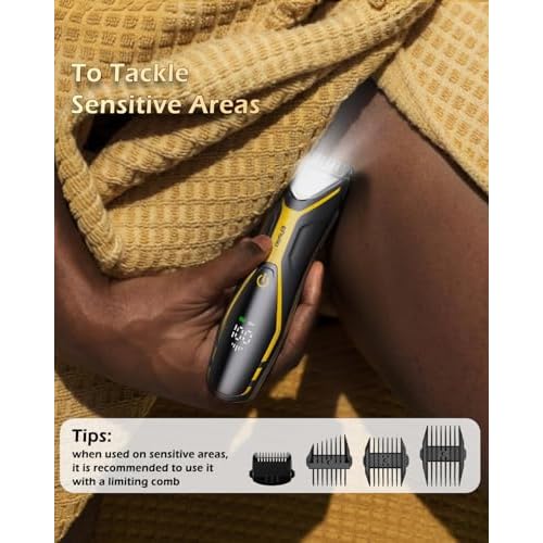 Electric Body Hair Trimmer for Men Type-C Rechargeable, Ball Pubic Trimmer Shaver Men with LED Light, Groin Body Groomer for Man, USB Recharge Dock& 1H Fast Charge, LED Display, Black+Yellow