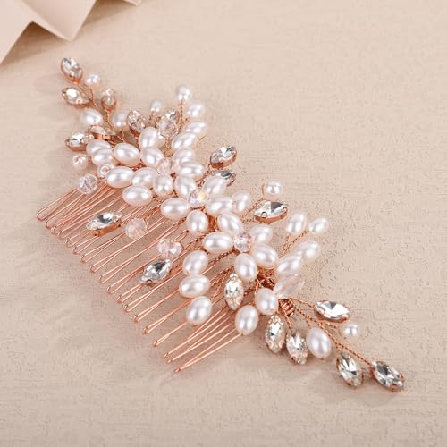 Teyglen Rose Gold Wedding Pearl Hair Comb Bride Crystal Headpiece Handmade Pearl Rhinestone Beads Hair Comb Wedding Hair Accessories for Women Hair Piece (Rose gold)