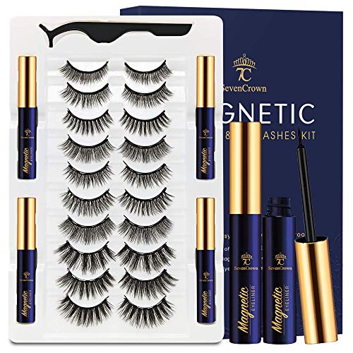 7C SevenCrown 3D Magnetic Eyelashes with Eyeliner Kit – 10 Pairs, Reusable