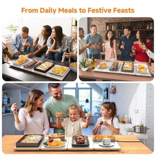 FEPPO 4-in-1 Food Warmers for Parties Buffet - White & Gold Electric Warming Tray with 10 Temp Settings & Timer, 33x15 Inch Glass Surface