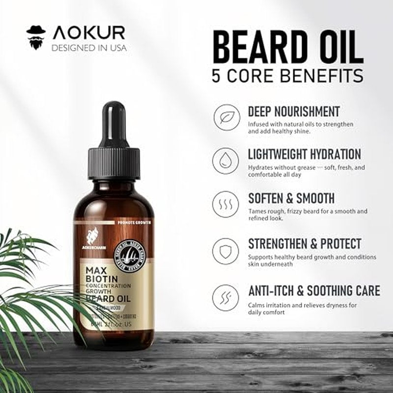 Biotin Beard Growth Oil for Men - Vitamin B5 & Castor Oil Formula, Nourish & Thicken Facial Hair, Daily Beard Care, Styling & Taming, Hydrating, Non-Greasy, Sandalwood 2oz Gift for Him