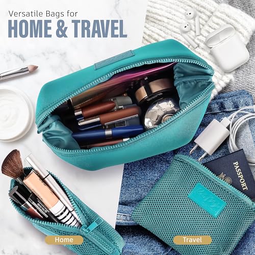 Kat Myhr Turquoise Neoprene Travel Makeup & Cosmetic Bag Set with Mesh Pouches