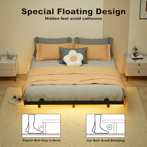 Floating Bed Frame King Size with Smart LED Lights & Charging Station - 14 Inch Modern Design (U.S. Standard)